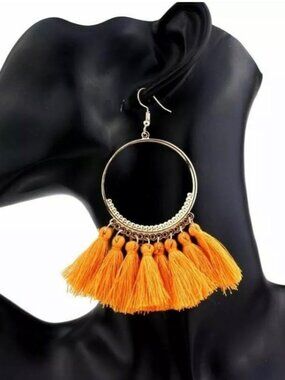 Orange Fashion Jewelry Bohemian Hoop Earrings Handmade Tassels